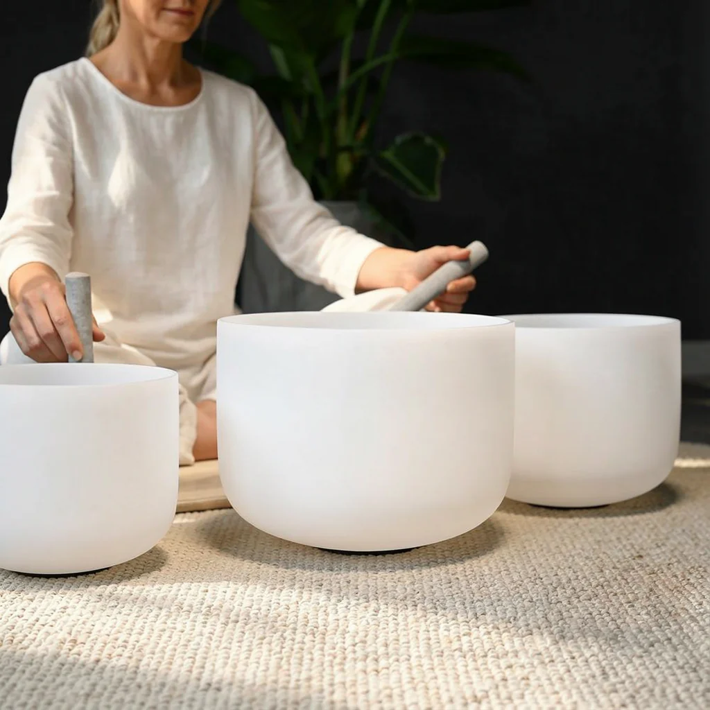8"A 10"E 12"C Frosted Quartz Crystal Singing Bowl Set - Image 4