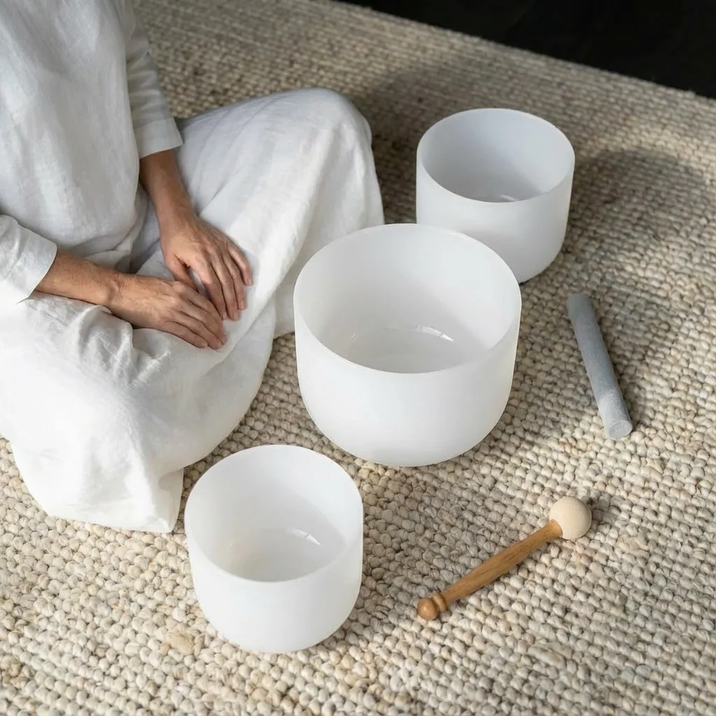 8"A 10"F 12"C Frosted Quartz Crystal Singing Bowl Set - Image 4