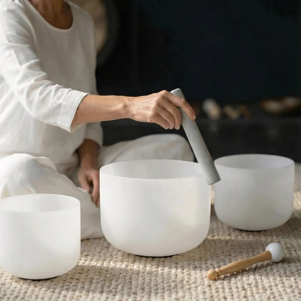 White Frosted Crystal Singing Bowl Set - 7 pcs - 6-16" - Image 3